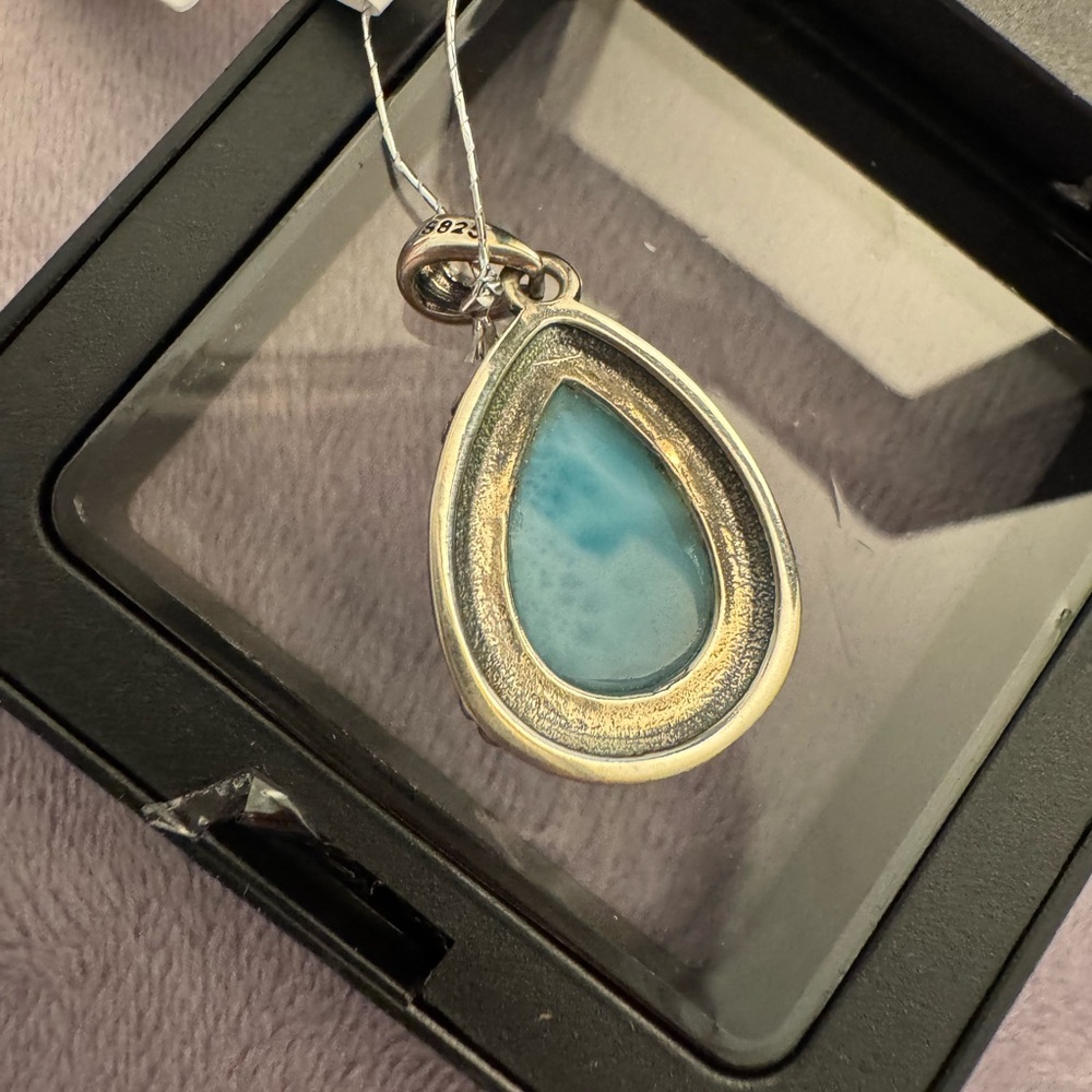 925 silver Larimar teardrop pear pendant blue crystal gemstone bezel set antique - Picture 5 of 6